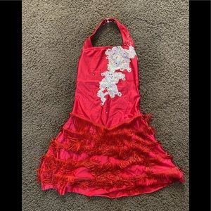 Cherry red halter costumes with fringed skirt & silver appliqué. 💃🏻